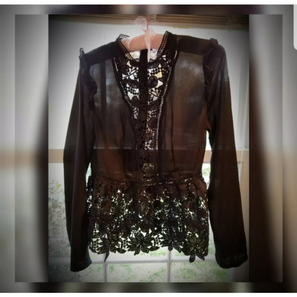 Crochet detail sheer sexy blouse peplum style FIRM PRICE